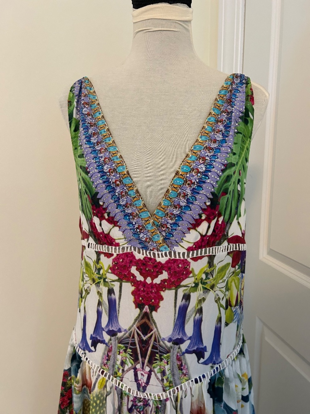 Camilla Tiered Gathered Dress in Exotic Hypnotic silk tropical floral crystal - Picture 7 of 15